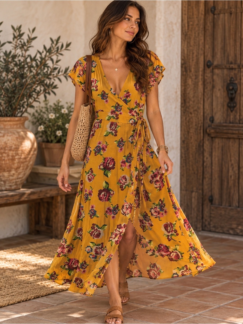 Matilda Jane Mustard Floral Wrap Maxi Dress Yellow Pink S